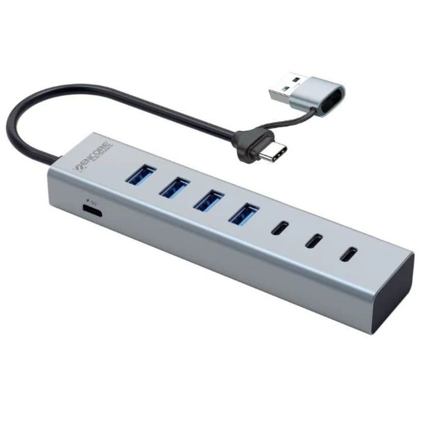 HUB Multipuerto USB Tipo C/A de 7 en 1, 4 USB 3.0 y 3 USB Tipo C de Aluminio Encore marca Encore Electronics - Docking HUB Multipuerto USB | Tipo C 