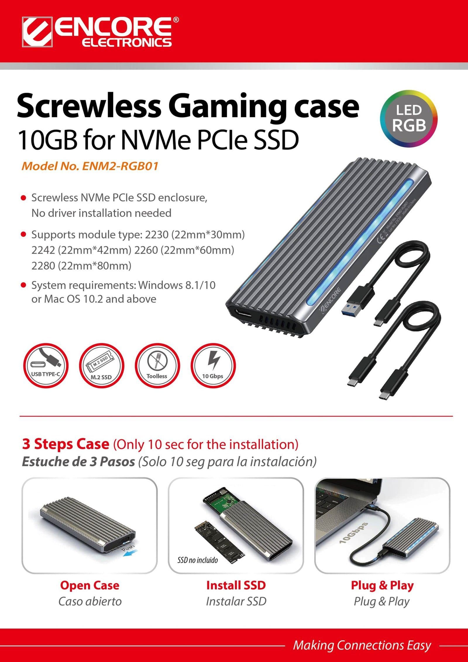 CARCASA ENCLOSURE CASE PARA SSD M.2 NVME GAMER 2TB USB-C USB-A ENCORE marca Encore Electronics - Accesorios USB | HUB