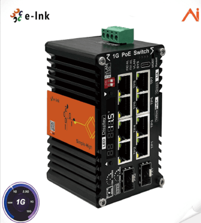 Switch Industrial IA Administrable 8 Puertos RJ45 Gigabit 802.3at PoE 30W + 2P SFP 1Gb DIN-Rail E-Link marca E-Link - Switch Industrial DIN-Rail