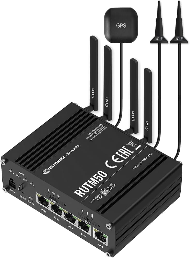 Router Celular Industrial 5G Teltonika RUTM50 Dual-SIM - 3.4Gbps, 5 Puertos (1 WAN y 4 LAN) marca Teltonika - Switch Industrial DIN-Rail