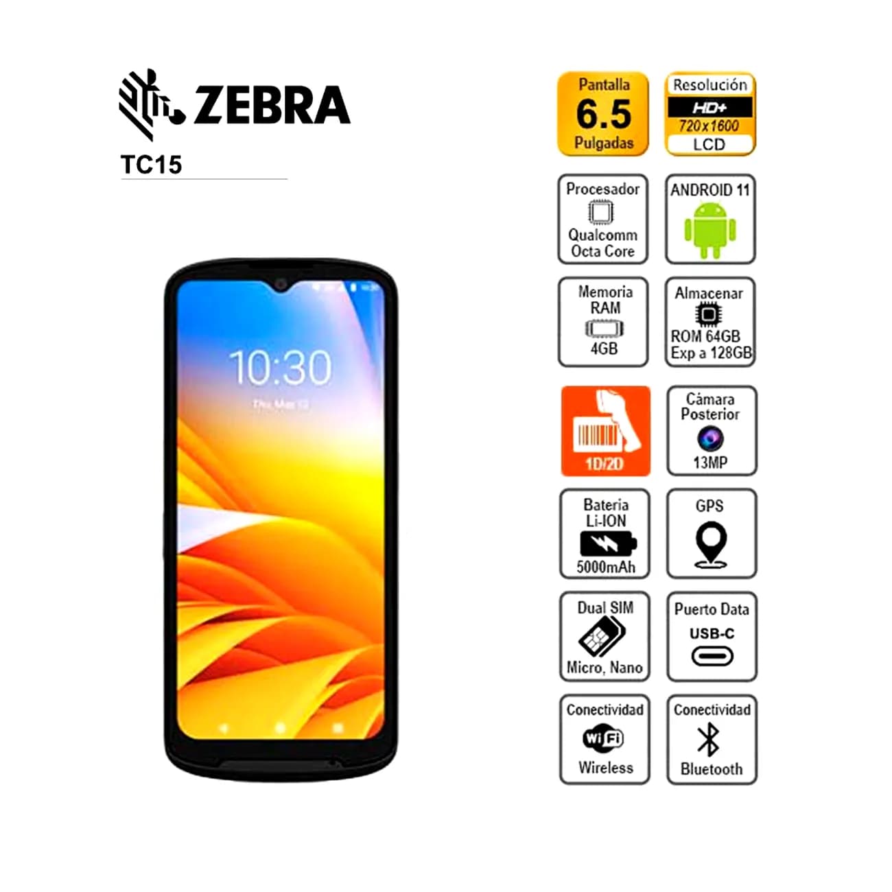 PDA Zebra TC15 Terminal Movil 6.5" - 4GB - 64GB - Wi-Fi - Bluetooth - Android 13- Incluye Cable y Cargador marca Zebra - Punto de Venta POS | AIO