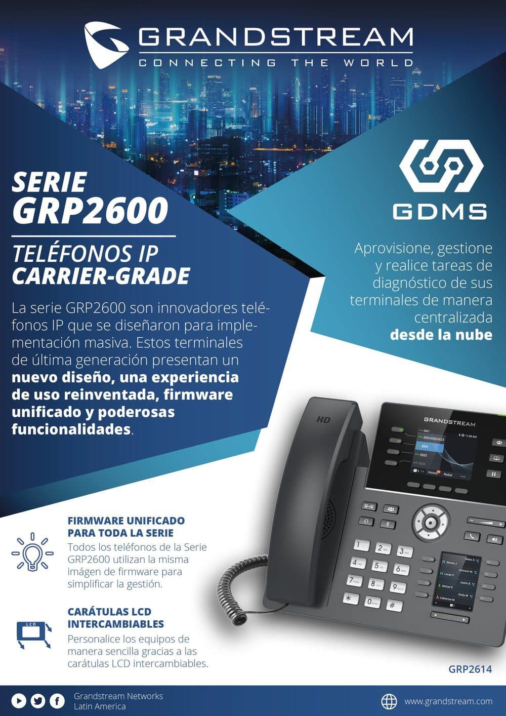 Telefono IP GRP2615, 10 LÍNEAS, 5 cuentas SIP, LCD Color 4.3", 2P Gigabit, BLuetooth, POE, WiFi, IPV4/IPV6 Grandstream marca GrandStream - Centrales y Telefonos IP 