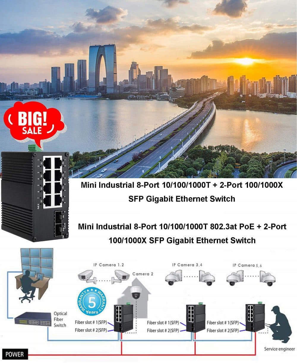 Switch Industrial Administrable 8-Puertos Ethernet Gigabit 802.3at PoE + 2-Puertos SFP 1Gb E-Link marca E-Link - Switch Industrial DIN-Rail