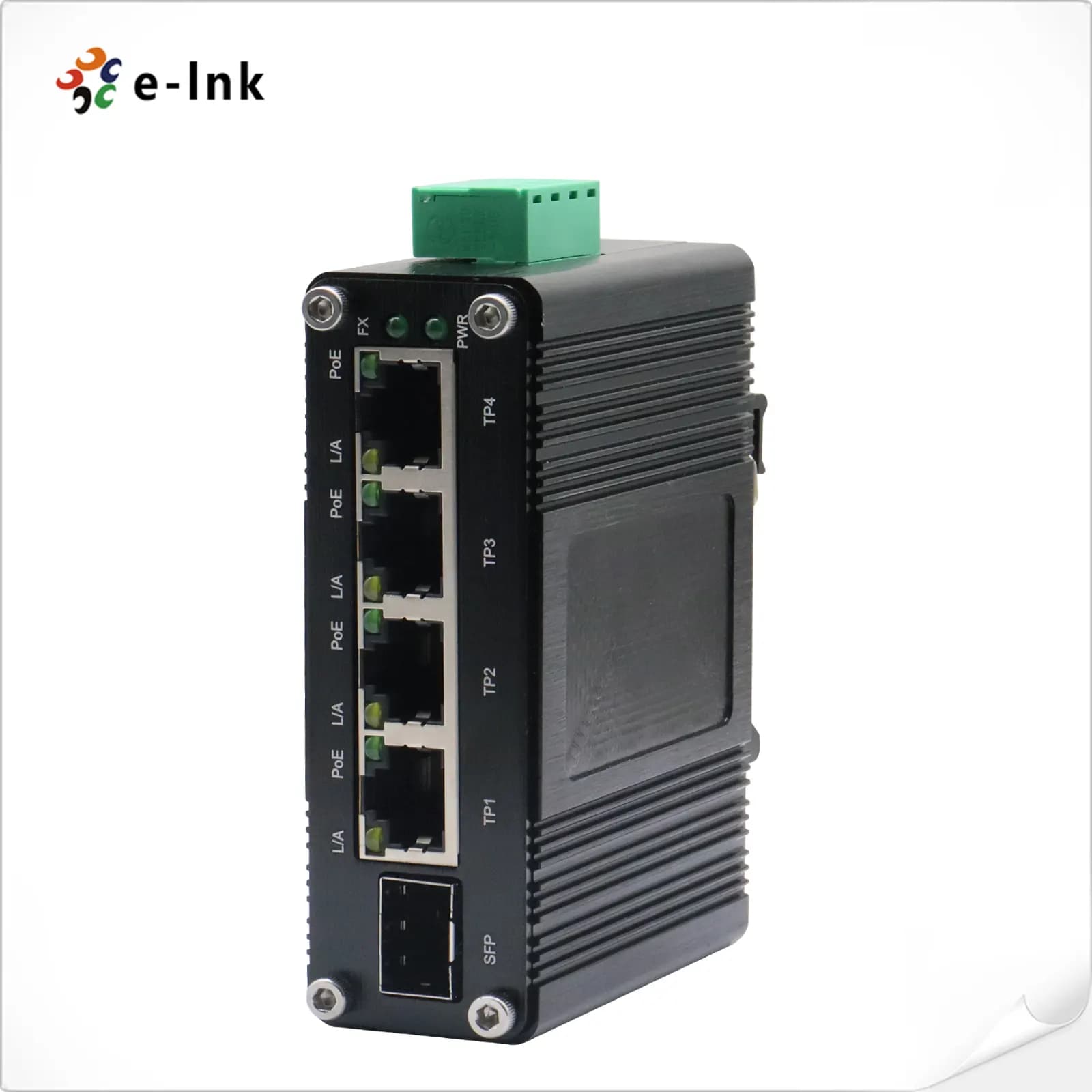 Switch Industrial 4-Puertos RJ45 Gigabit 802.3at PoE + 1-Puerto SFP 1Gb E-Link marca E-Link - Switch Industrial DIN-Rail