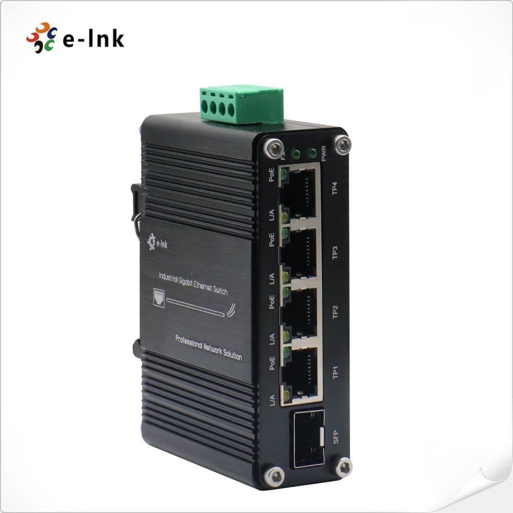 Switch Industrial 4-Puertos RJ45 Gigabit 802.3at PoE + 1-Puerto SFP 1Gb E-Link marca E-Link - Switch Industrial DIN-Rail