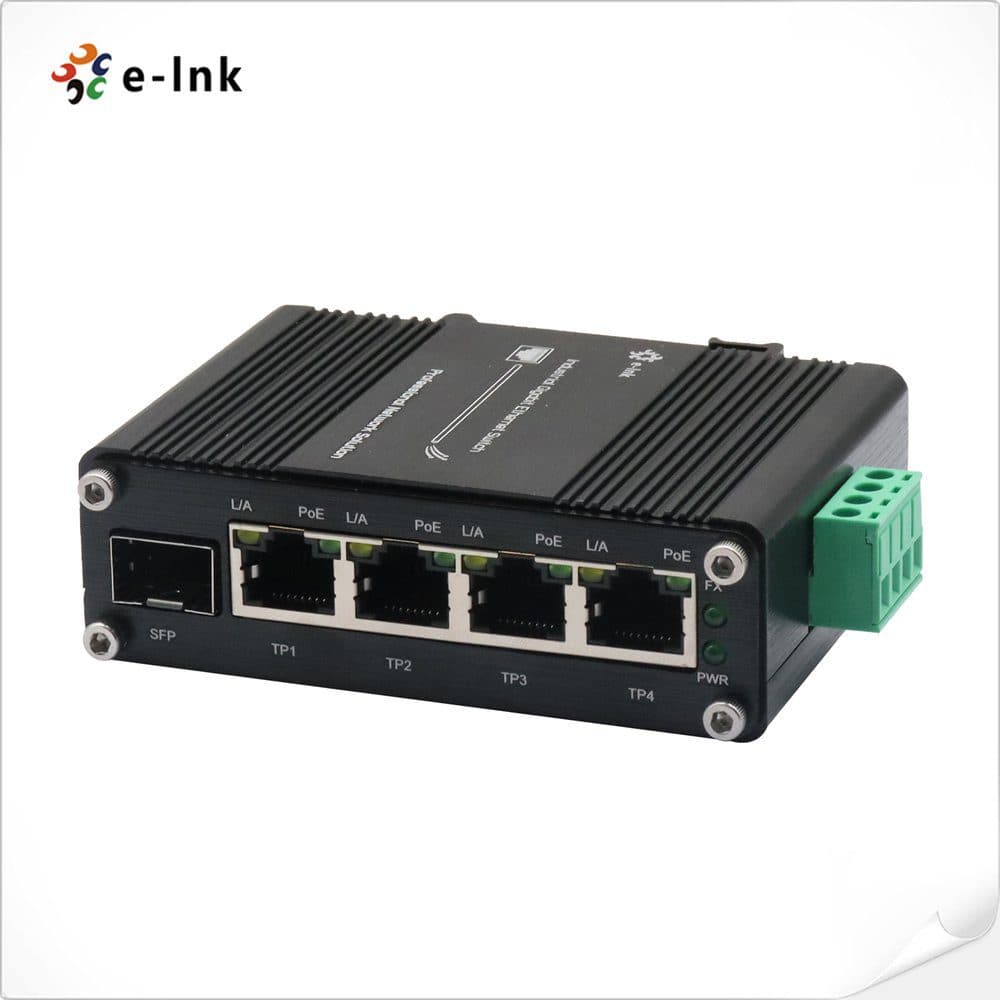 Switch Industrial 4-Puertos RJ45 Gigabit 802.3at PoE + 1-Puerto SFP 1Gb E-Link marca E-Link - Switch Industrial DIN-Rail