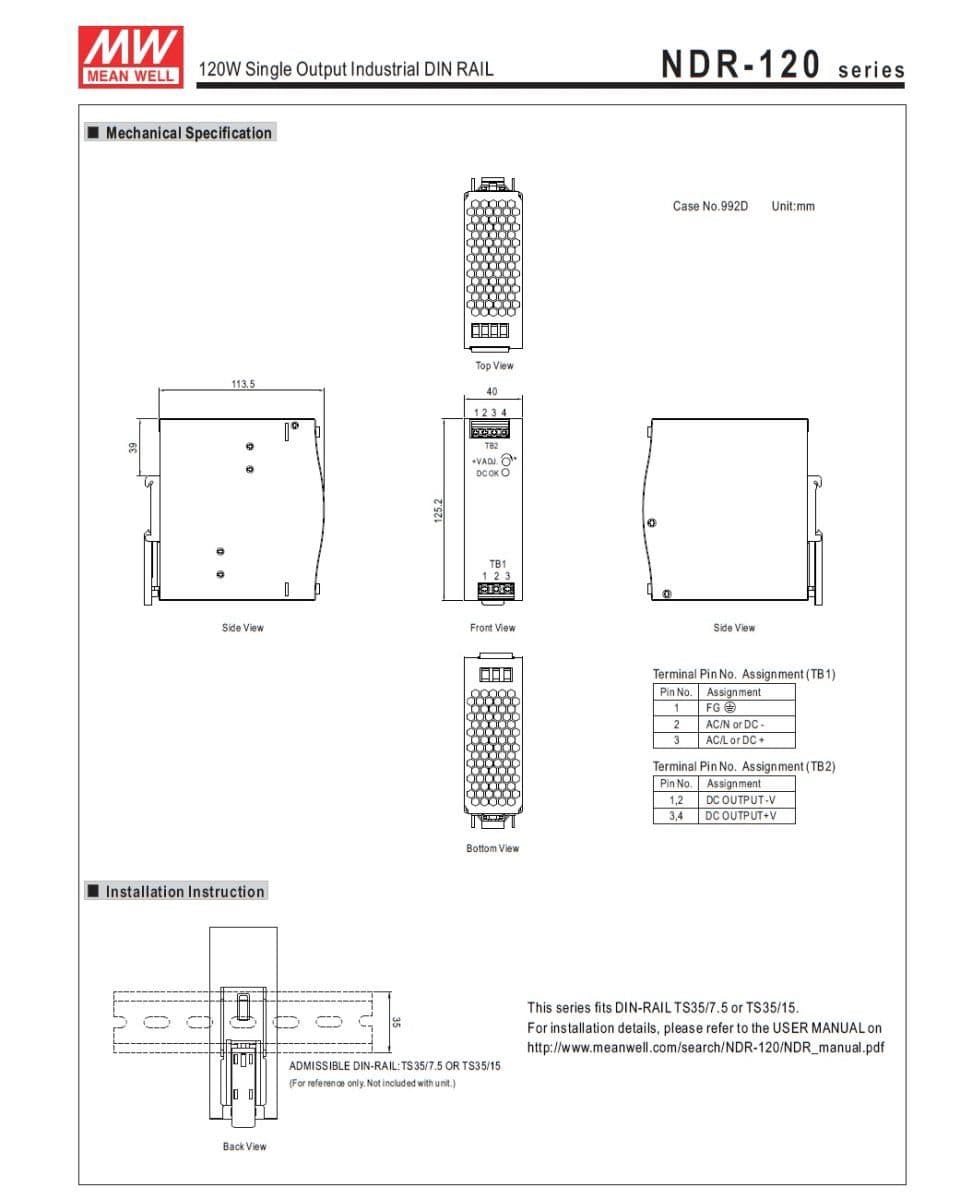 Fuente industrial DIN RAIL 48V 120W 2.5AMP - NDR-120-48 MEAN WELL marca Mean Well - Switch Industrial DIN-Rail