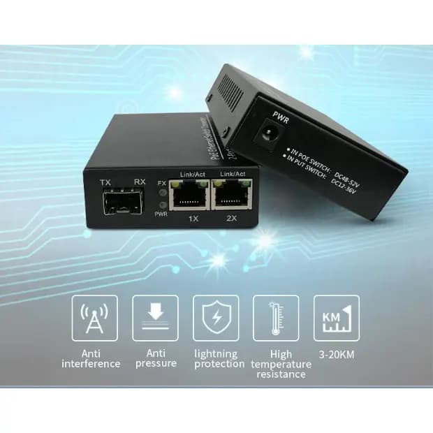 Media Converter (Gigabit & PoE) 1 puerto de Fibra SFP y 2 port RJ45 Ethernet Gigabit PoE + Transceiver  1GB SM 20Km - Conversores Media Converter