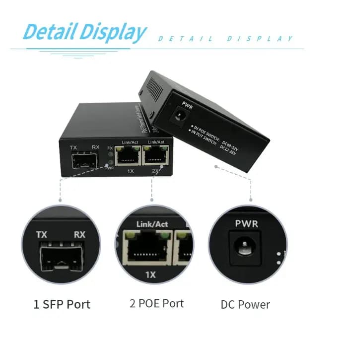 Media Converter (Gigabit & PoE) 1 puerto de Fibra SFP y 2 port RJ45 Ethernet Gigabit PoE + Transceiver  1GB SM 20Km - Conversores Media Converter