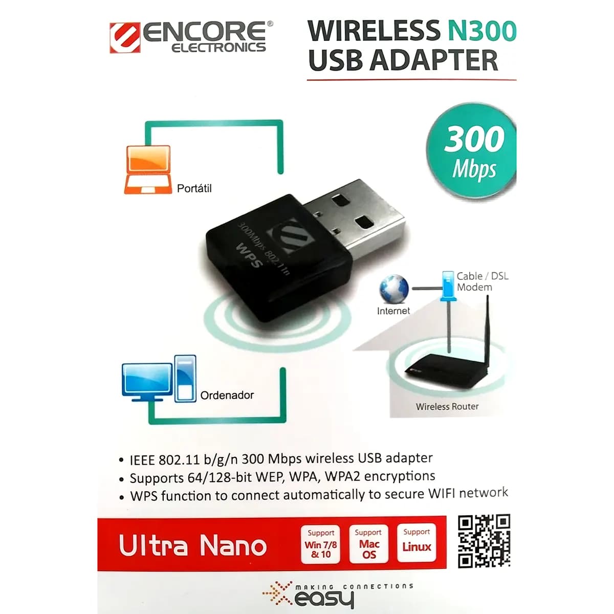 Adaptador USB Inalambrico 300Mbps Nano WiFi 802.11b/g/n - Adaptadores de Red