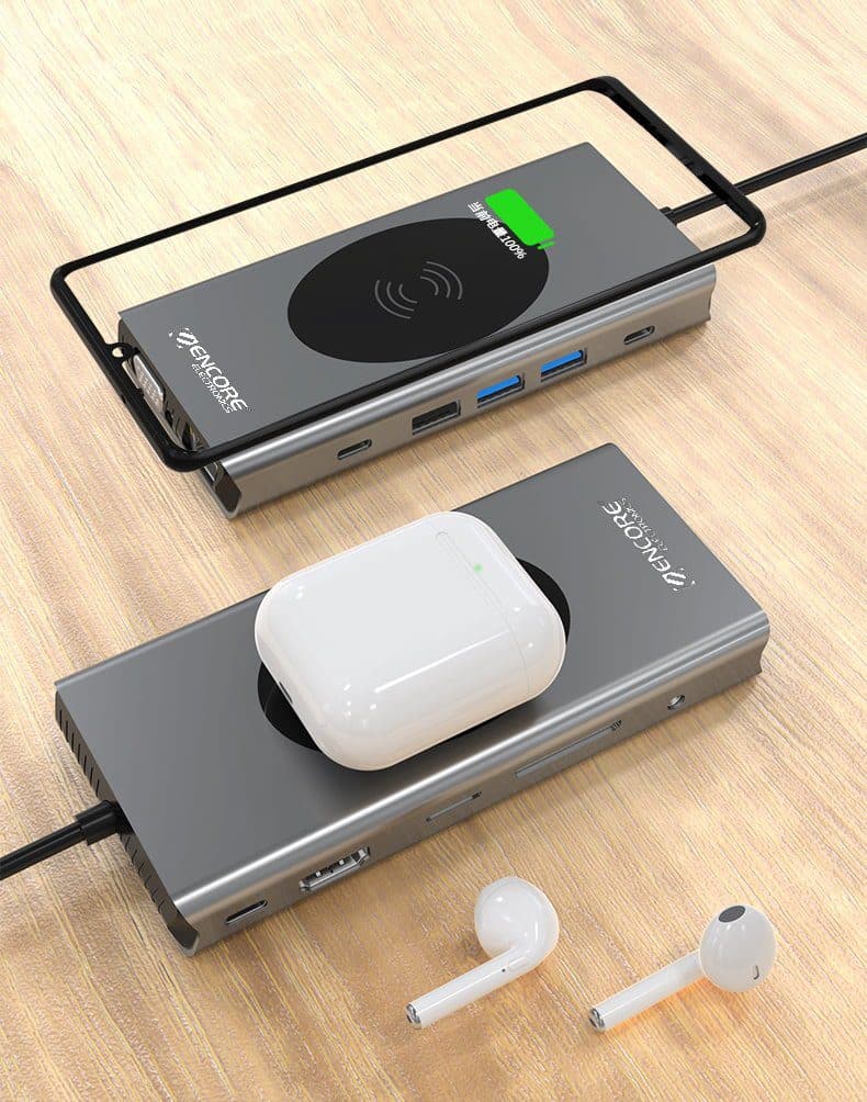 HUB Multipuerto Adaptador 13 en 1 Tipo c Estacion de acoplamiento Docking para 13 Dispositivos y Cargador Wifi marca Encore Electronics - Docking HUB Multipuerto USB | Tipo C 