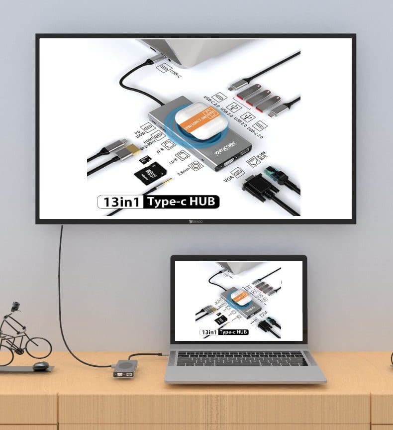 HUB Multipuerto Adaptador 13 en 1 Tipo c Estacion de acoplamiento Docking para 13 Dispositivos y Cargador Wifi marca Encore Electronics - Docking HUB Multipuerto USB | Tipo C 