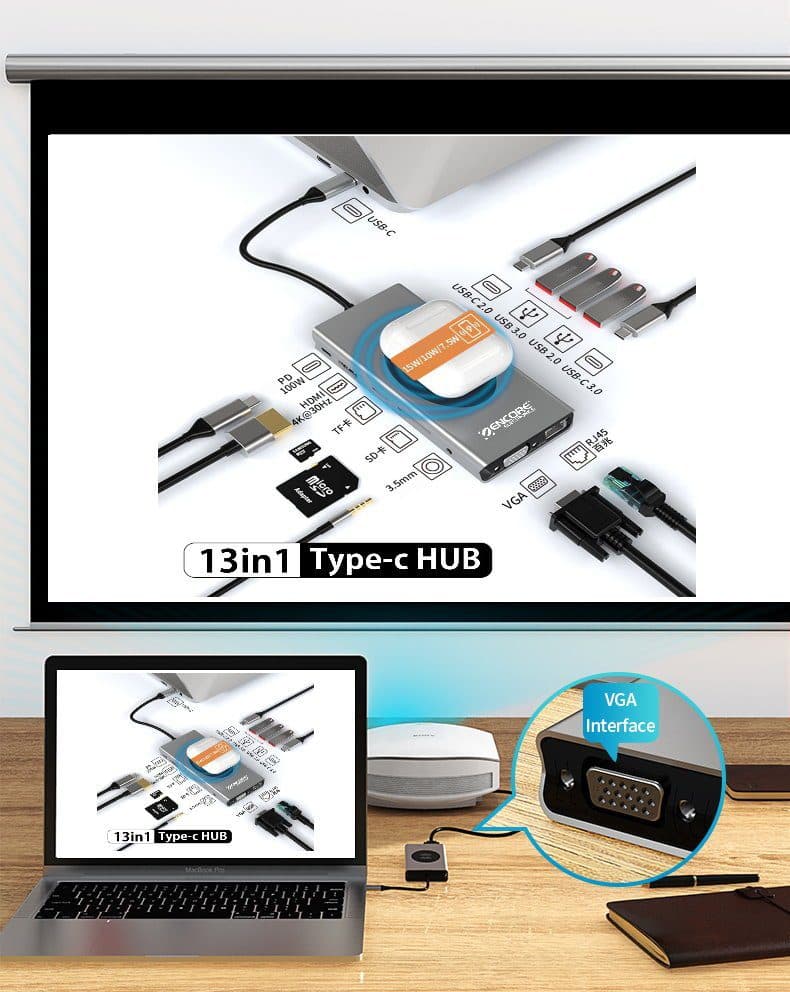 HUB Multipuerto Adaptador 13 en 1 Tipo c Estacion de acoplamiento Docking para 13 Dispositivos y Cargador Wifi marca Encore Electronics - Docking HUB Multipuerto USB | Tipo C 