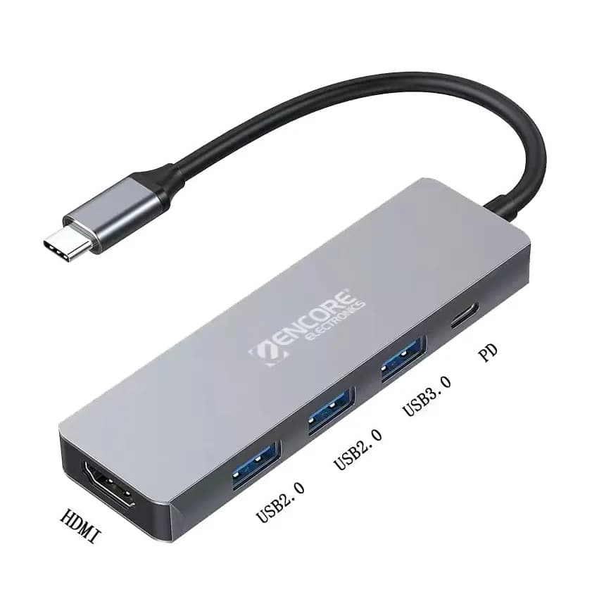HUB Multipuerto Adaptador 5 en 1 Tipo C a HDMI+ 3 -USB3.0 + PD Aluminio - Encore marca Encore Electronics - Docking HUB Multipuerto USB | Tipo C 
