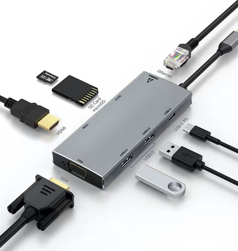 HUB Multipuerto Adaptador 8 en 1 Tipo C Estacion de acoplamiento Docking para 8 dispositivos marca Zenhon - Docking HUB Multipuerto USB | Tipo C 