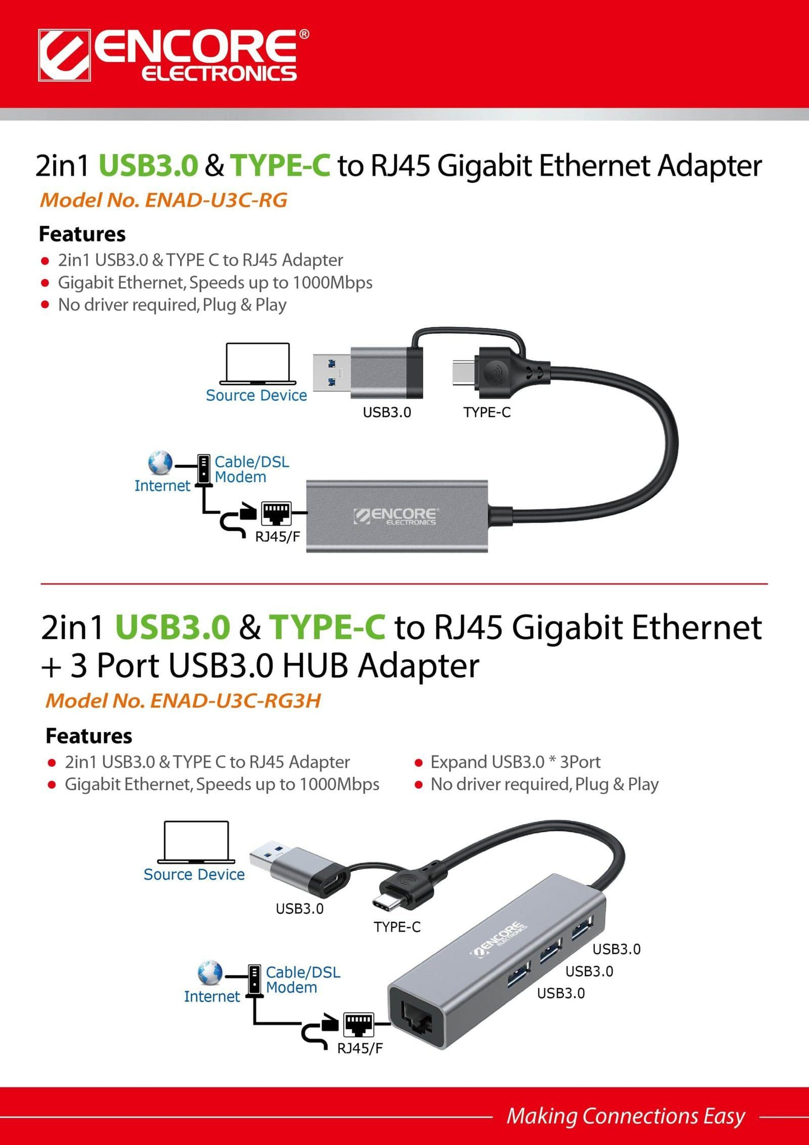 Adaptador 4in1 USB-C USB-A con 1 puerto de Red RJ45 Gigabit + HUB 3 Puertos USB 3.0 ENAD-U3C-RG3H marca Encore Electronics - Docking HUB Multipuerto USB | Tipo C 