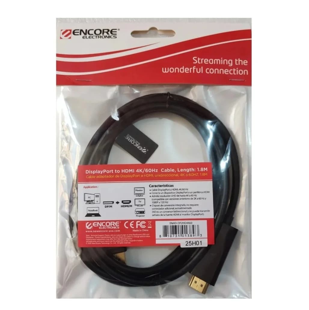 Cable DisplayPort 1.4 a HDMI  4K/60Hz, 1.8Mt - ENCORE marca Encore Electronics - Adaptador DisplayPort | HDMI | TIPO C