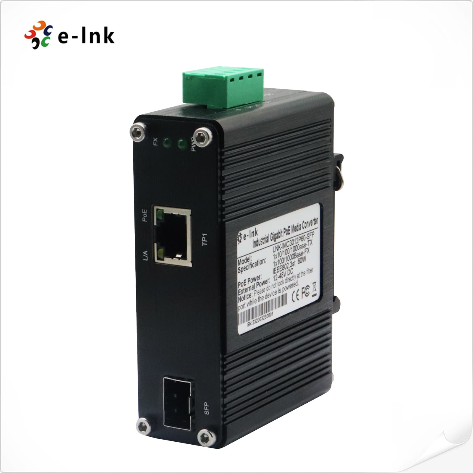 Media Converter Industrial 01 RJ45 Gigabit PoE+ 30W y 01 SFP 1Gb 12-48V DIN-Rail marca E-Link - Conversores Media Converter
