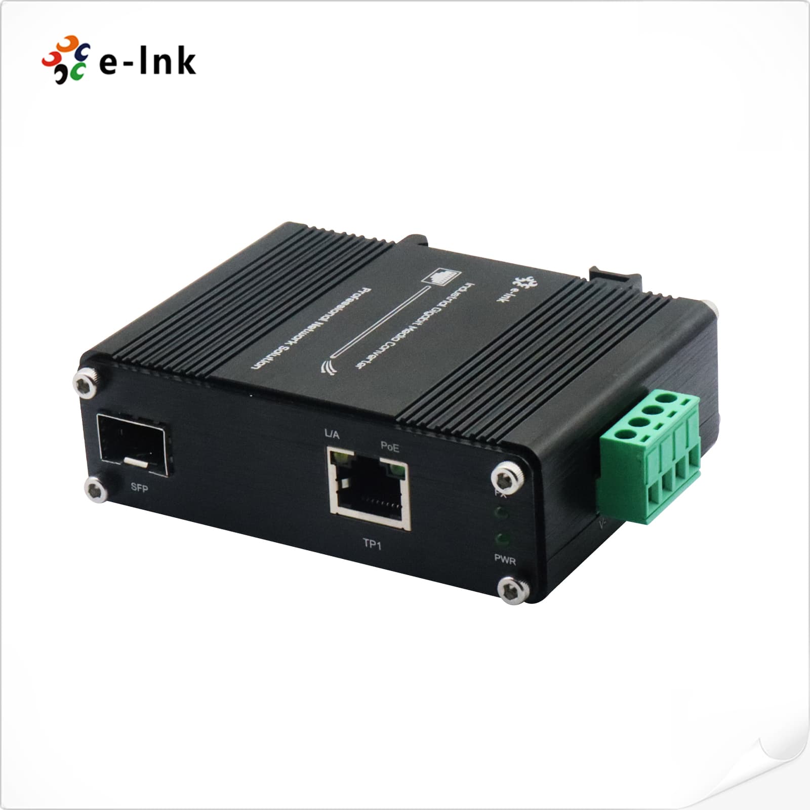 Media Converter Industrial 01 RJ45 Gigabit PoE+ 30W y 01 SFP 1Gb 12-48V DIN-Rail marca E-Link - Conversores Media Converter