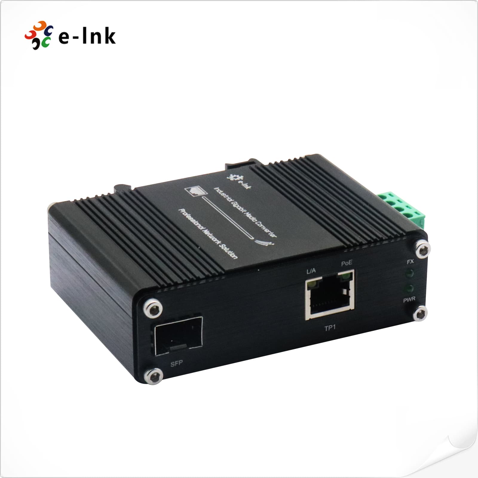 Media Converter Industrial 01 RJ45 Gigabit PoE+ 30W y 01 SFP 1Gb 12-48V DIN-Rail marca E-Link - Conversores Media Converter