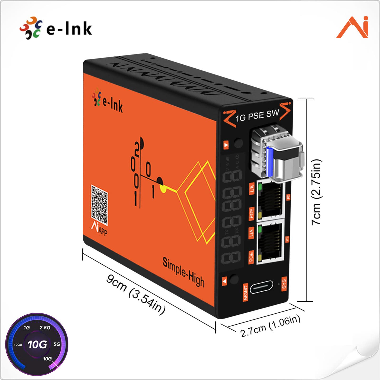 Media Converter 1 SFP a 2 RJ45 Base1000T PoE++ EEE802.3bt 95W, Gestión inteligente con IA LNK-AI1200MP90-SFP marca E-Link - Conversores Media Converter
