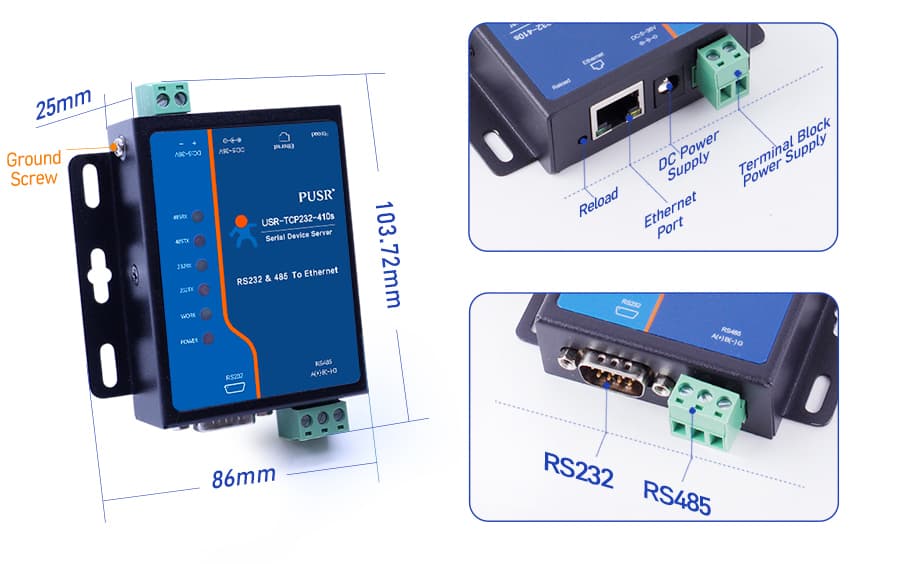 Convertidor Serial Ethernet 10/100 a 2 Puertos Serie RS232 y RS485 tipo Industrial – PUSR marca PUSR - Convertidores RS485|RS232 |RS422 con Modbus RTU