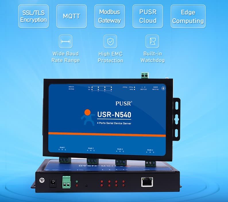 Convertidor 4 puertos Serie RS485 a Ethernet 10/100Mbps TCP/IP tipo Industrial - USR-N540 marca PUSR - Convertidor Serie a Ethernet