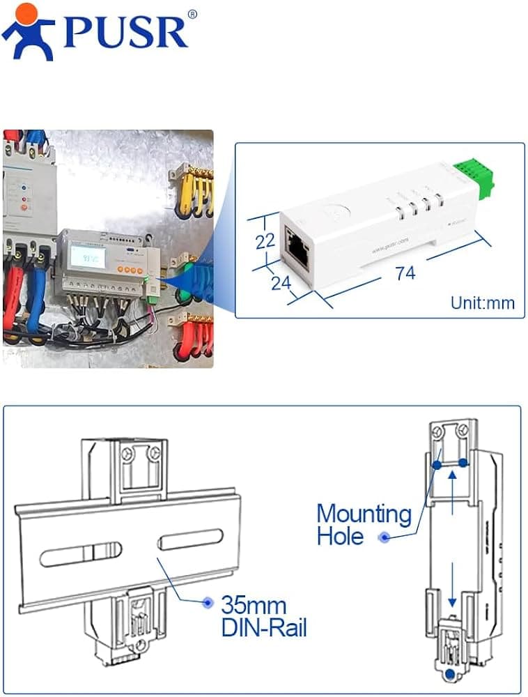 Convertidor servidor Serial RS485 a Ethernet RJ45 Industrial tamaño Lipstick DIN-Rail USR-DR134 marca PUSR - Convertidores RS485|RS232 |RS422 con Modbus RTU