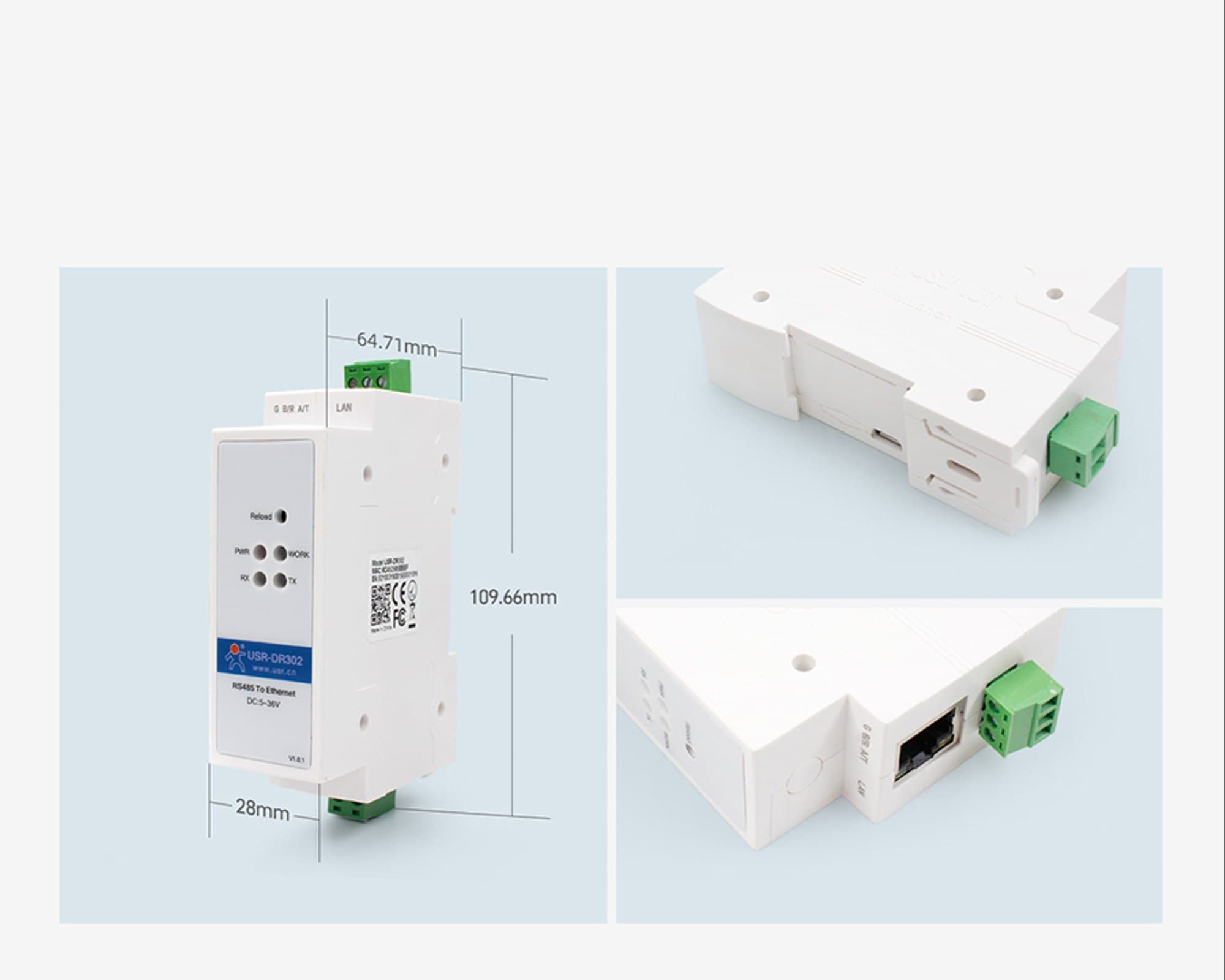 Convertidor Serie RS485 a Ethernet RJ45 10/100 Mbps de carril DIN-Rail USR-DR302 marca PUSR - Convertidores RS485|RS232 |RS422 con Modbus RTU
