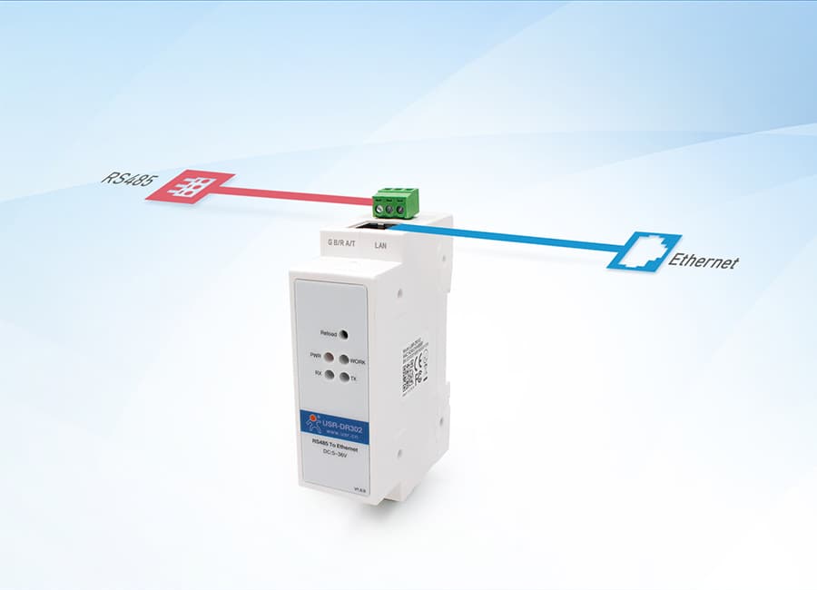 Convertidor Serie RS485 a Ethernet RJ45 10/100 Mbps de carril DIN-Rail USR-DR302 marca PUSR - Convertidores RS485|RS232 |RS422 con Modbus RTU