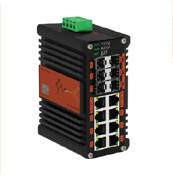 Switch industrial L2+ administrable 8 puertos Ethernet Gigabit 802.3at PoE+, 4 puertos 1G SFP, 2 puertos 10G SFP DIN-Rail marca E-Link - Switch Industrial DIN-Rail