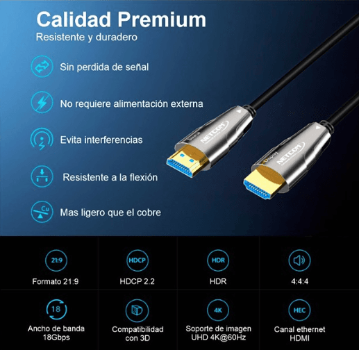 Cable Hdmi A Hdmi Fibra Optica De 25mts Uhd 4k@60hz V2.0 Netcom marca Netcom - Cables HDMI | TIPO C | USB