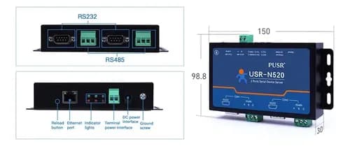 Media Converter Ethernet TCP/IP a 2 puertos Serial RS232/485 Industrial – USR-N520 marca PUSR - Convertidores RS485|RS232 |RS422 con Modbus RTU