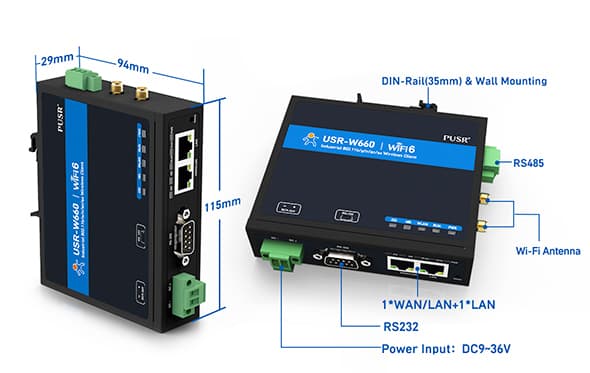 Convertidor Serial Inalambrico RS232/RS485 a Wi-Fi 6 Dual Band Grado industrial IP30 marca PUSR - Convertidor Serie a Ethernet