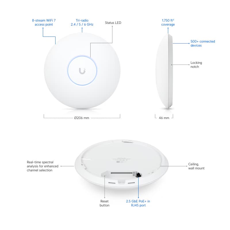 Ubiquiti UNIFI U7-PRO-XGS, AP Wi-Fi 7, triple banda (2.4/5/6 GHz), análisis espectral integrado y puerto Ethernet 10 GbE (No incluye Poe) marca Ubiquiti - Ubiquiti Router | Antenas | AP