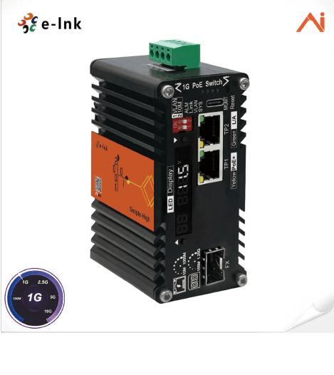 Media Converter Industrial 1 SFP a 2 RJ45 Base1000T PoE+ 30W, Gestión IA administrable DIN-Rail LNK-AIMC102GMP-SFP marca E-Link - Conversores Media Converter