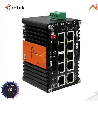 Switch Industrial  IA Administrable 10 Puertos RJ45 Gigabit 8 Port -802.3at PoE 30W+ 2 Port UPLink  DIN-Rail E-Link marca E-Link - Switch Industrial DIN-Rail