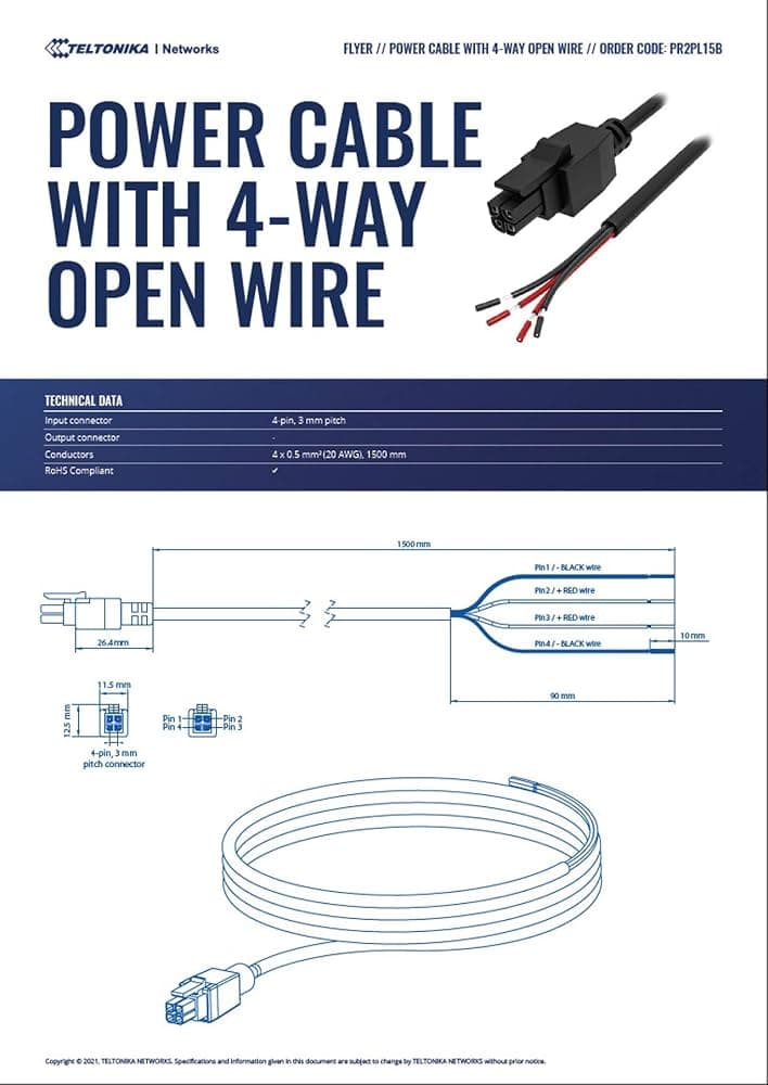CABLE DE ALIMENTACIÓN CON CABLE ABIERTO DE 4 VÍAS TELTONIKA PR2PL15B marca Teltonika - Telematica