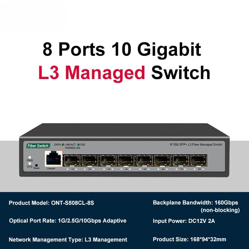 Switch Administrable L3 de 8 Puertos SFP+ 10GBASE-LR/SR soporte DHCP VLAN ONTI S508CL-8S marca ONTI - Switch PoE Administrable L2 L3