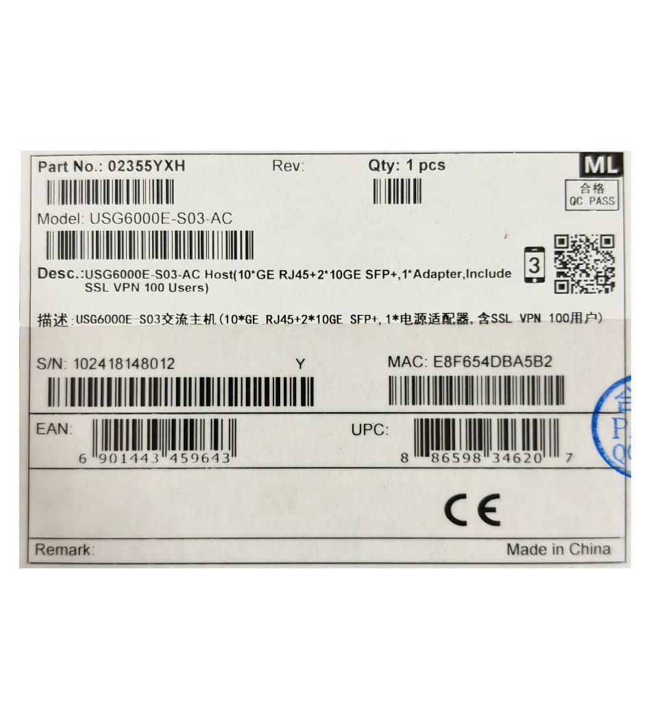 HUAWEI FIREWALL USG6000E-S03-AC 2*10GE SFP+ 10*GE VPN 100 marca Huawei - Comunicaciones TI Telecom
