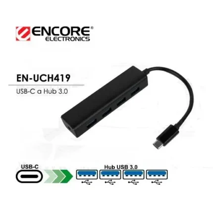 HUB con Conector TIPO C a 4 Puertos USB 3.0 Negro ENCORE