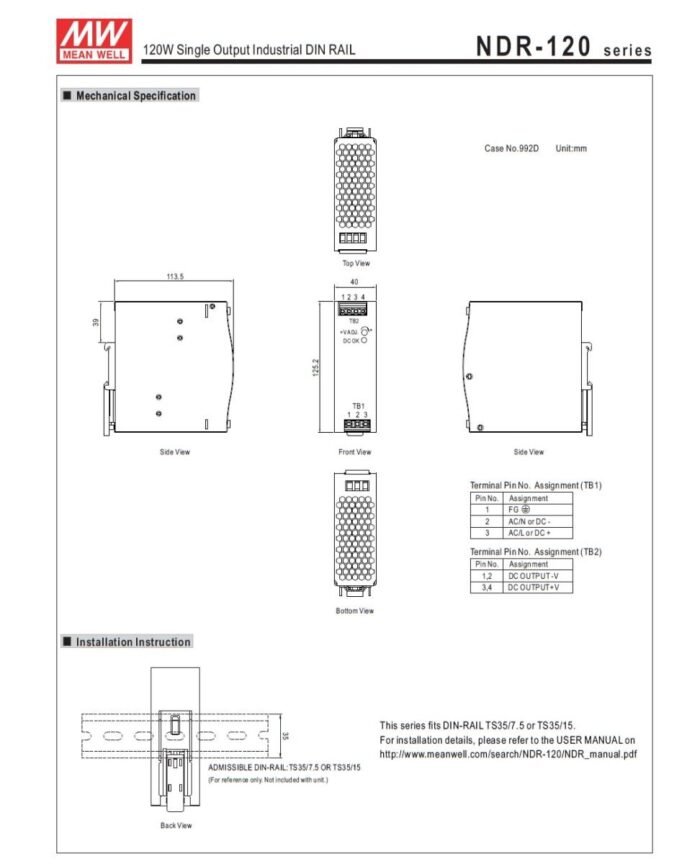 Fuente industrial DIN RAIL 48V 120W 2.5AMP - MEAN WELL - Imagen 3